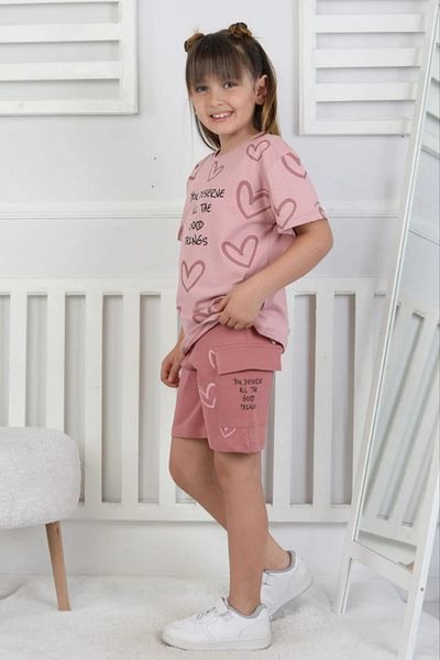 Yağmur Giyim Isob Dusty Rose Heart Pattern 100% Cotton Girls Short Sleeve 2 Thread Shorts Set 3-8 Years 33105-Gk