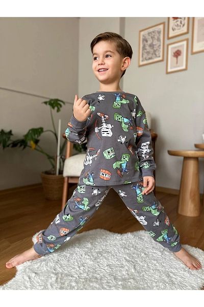 Yağmur Giyim Isob Smoked Minec Patterned 100% Cotton Boys Pajama Set 3-8 Years 51305-F