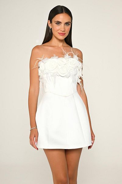 ALFABETA Strapless Top Floral Accessories Matte Satin Short Evening Dress
