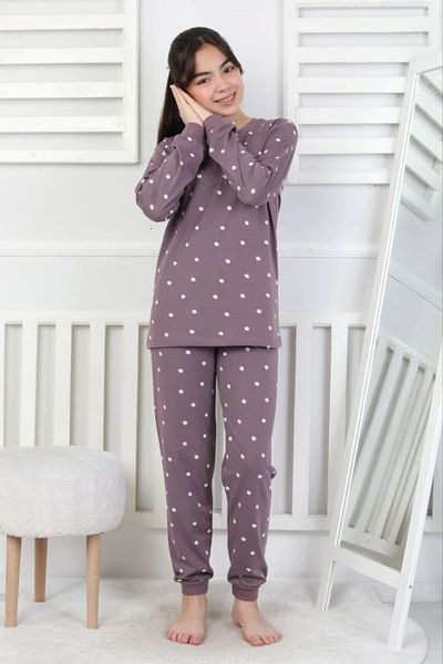 Yağmur Giyim Isob Purple Flower Patterned 100% Cotton Girls Pajamas Set 8-13 Years 51401-m
