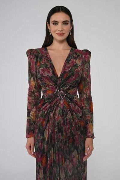 ALFABETA V-Neck Stone Buckle Padded Pleated Fabric Long Evening Dress Alfa Beta