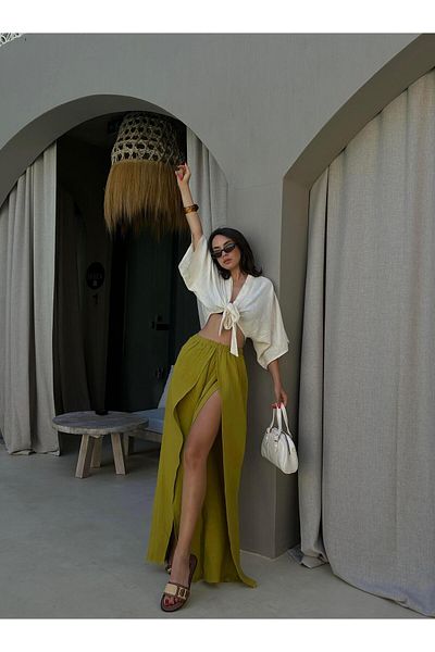 minaaise Oil Green Slit Detailed Muslin Trousers 29231