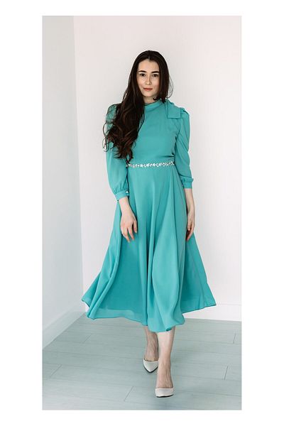 MAYA STORE Elegant turquoise veil dress, midi cut, slightly puffed three-quarter sleeves, M