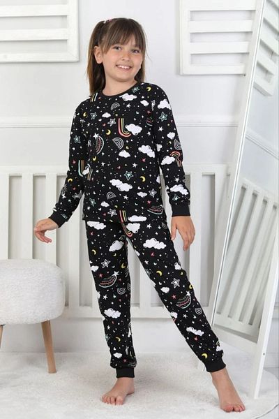 Yağmur Giyim Isob Black Rainbow Patterned 100% Cotton Girls Pajamas Set 3-8 Years 51207-S