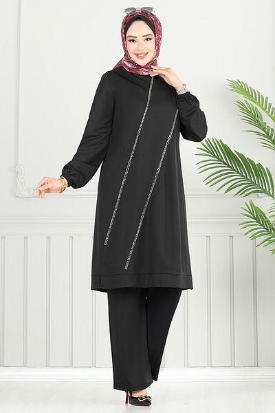 ModaMerve Elastic Cuff Hijab Suit 428Dvl897-M Black
