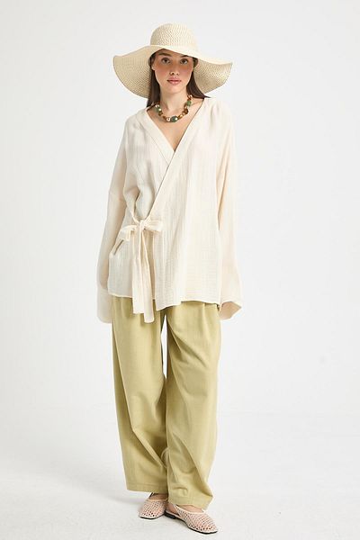 minaaise Oil Green 100% Cotton Oversize Design Trousers 29210