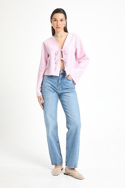 minaaise Pink Striped Poplin Fabric Tie Front Blouse 29276