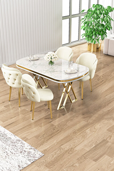 Canisa Zae Serisi 90x168 Lak Panel Beyaz Mermer Desen Gold Ayak Masa Takımı 4 Krem Sandalye