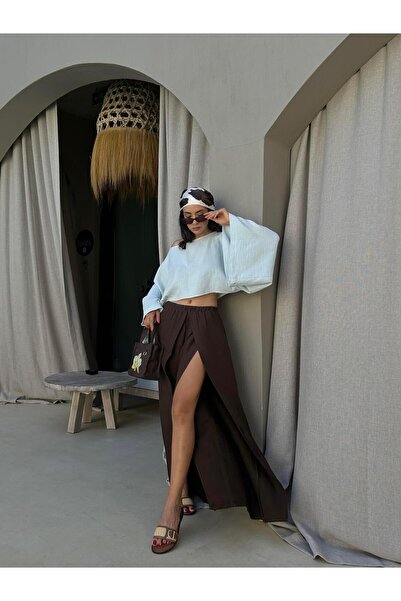 minaaise Καφέ Παντελόνι Μουσελίνας με λεπτομέρεια σχισμής 29231