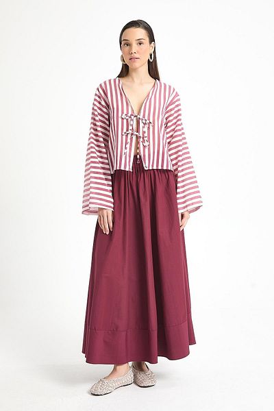 minaaise Burgundy Modal Fabric Striped Front Tie Blouse 29292