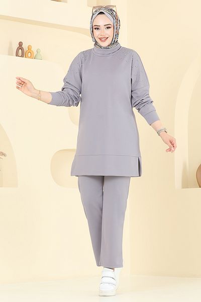 ModaMerve High Neck Degaje Collar Suit 2711Ayd969-M Gray