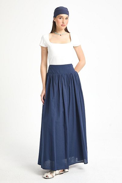 minaaise Navy Blue Waist Elastic Voile Lined Long Skirt 29269