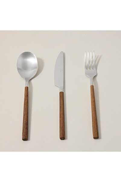LA MESA طقم أدوات مائدة 18 قطعة بمقبض خشبي، فضي