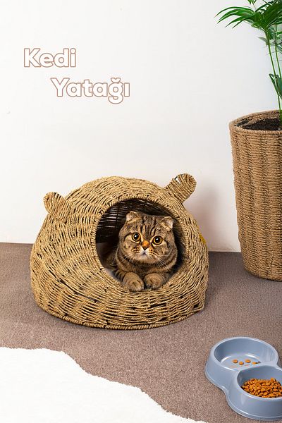 Porsima Ph49 Natural Straw Weave Cat Dog Nest Cushioned Cat Dog Bed 55X40Cm