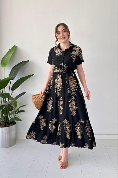 MaziButik Large Pattern Viscose Dress Black
