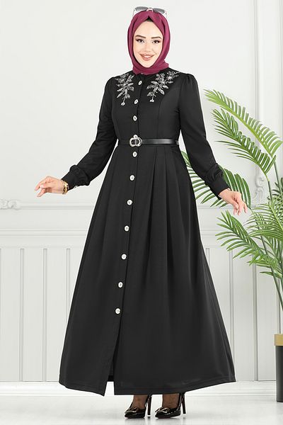 ModaMerve Button Front Bell Dress 432Dvl897-M Black