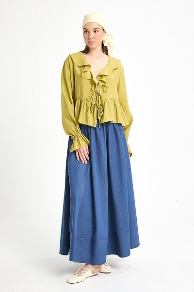 minaaise Oil Green 100% Modal Ruffle Detailed Front Tie Blouse 29255