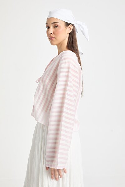 minaaise Ροζ Modal υφασμάτινη ριγέ μπλούζα με δέσιμο μπροστά 29292