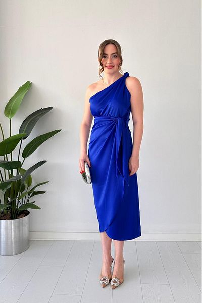 MaziButik Shoulder Knot Satin Dress Saks Blue