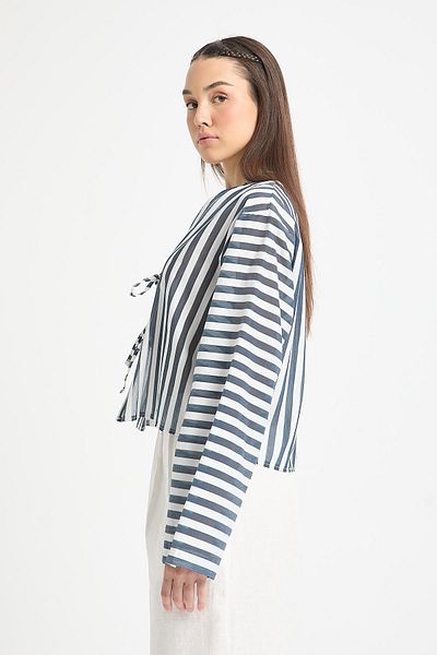 minaaise Navy Blue Modal Fabric Striped Front Tie Blouse 29292