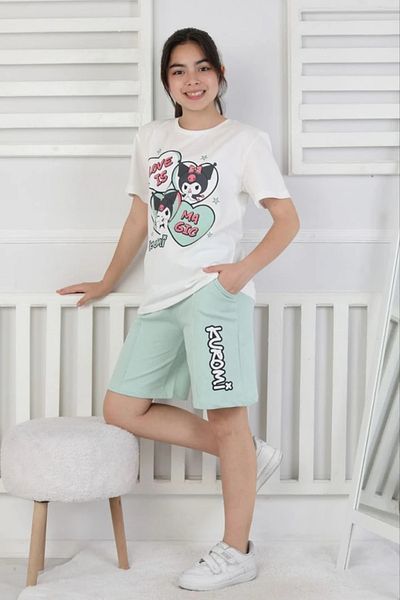 Yağmur Giyim Isob Ecru Green Kuromi Patterned 100% Cotton Girls Short Sleeve 2 Thread Shorts Set 8-13 Years 33104-Y