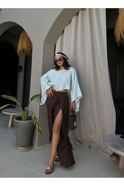 minaaise Brown Slit Detailed Muslin Trousers 29231