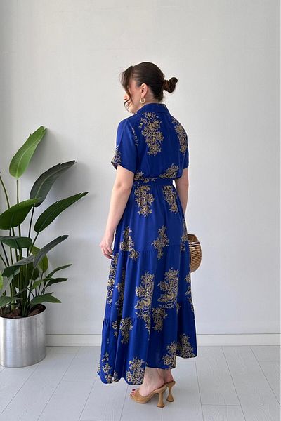 MaziButik Φόρεμα βισκόζης με μεγάλο σχέδιο Saks Blue