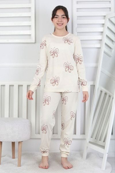 Yağmur Giyim Isob Ecru Butterfly Patterned 100% Cotton Girls Pajama Set 8-13 Years 51406-E