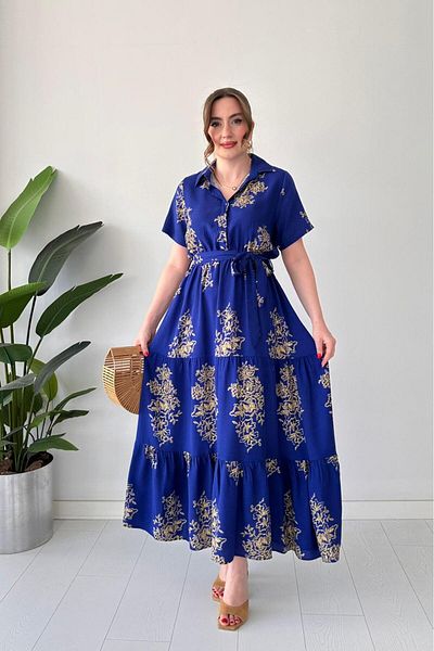 MaziButik Φόρεμα βισκόζης με μεγάλο σχέδιο Saks Blue