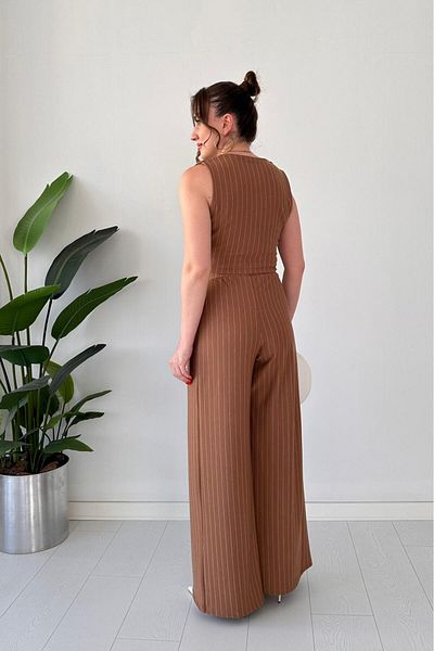 MaziButik Striped Vest Suit Camel