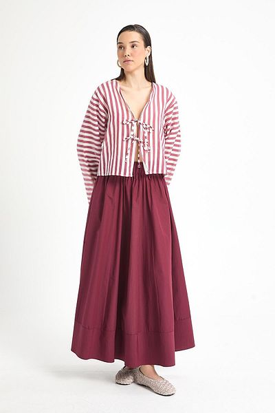 minaaise Burgundy Modal Fabric Striped Front Tie Blouse 29292