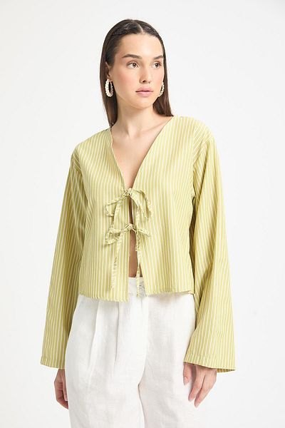 minaaise Oil Green Striped Poplin Fabric Front Tie Blouse 29276
