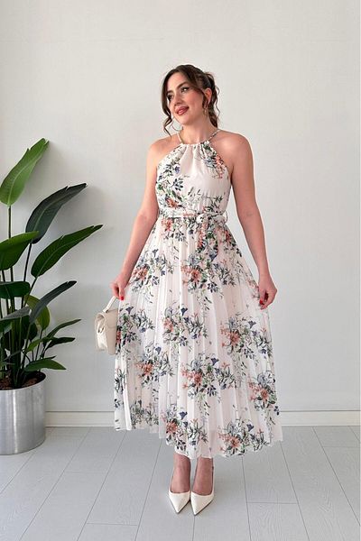 MaziButik Pilisoley Halter Chiffon Dress Cream