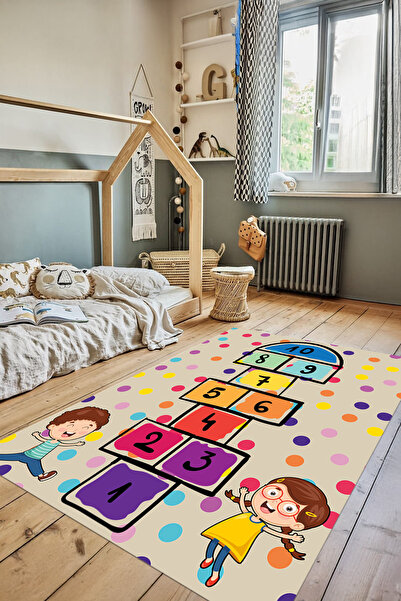 EVİMSEN Dekoratif Baskılı Yıkanabilir ve Kaymaz Eğlenceli Sek Sek Desenli Çoc...