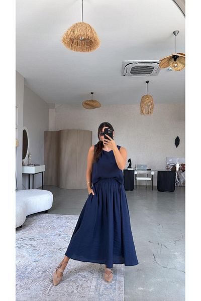 Buket Teke Navy Blue Skirt Blouse Draped Suit