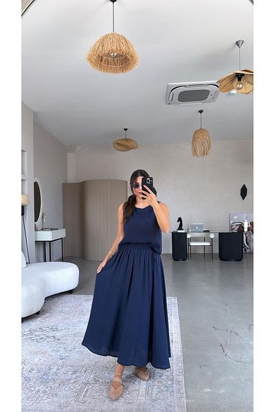 Buket Teke Navy Blue Skirt Blouse Draped Suit