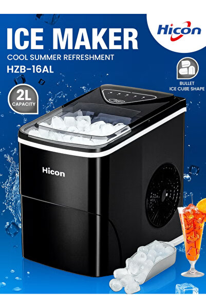 Hicon ماكينة صنع الثلج. مكعبات ثلج 15 كجم، سعة 2 لتر، شاشة LED، للمطبخ HZB-16AL - أسود