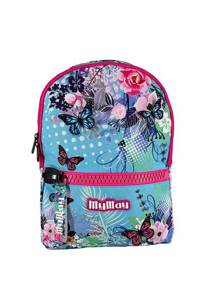 OEM Ghiozdan My Way, bleu, flori colorate, fluturi 3D, 30x19x44cm, 25L