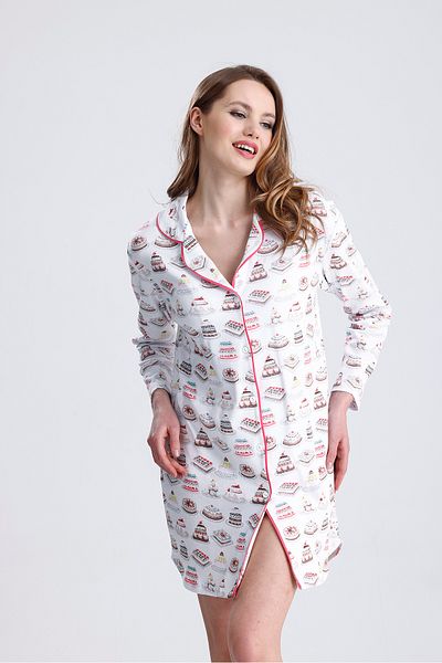 Magic Form Front Button Patterned Combed Cotton Nightgown