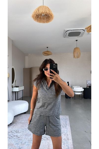 Buket Teke Gray Shorts Polo Neck Tshirt Set