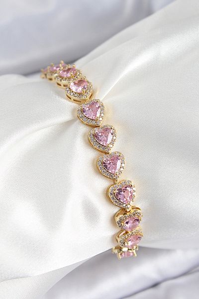 Clariss Brass Zircon Stone Pink Heart Baguette Model Gold Color Vip Series Women's Bracelet