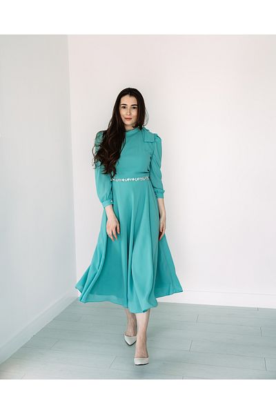 MAYA STORE Elegant turquoise veil dress, midi cut, slightly puffed three-quarter sleeves