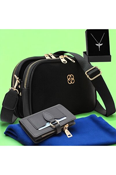 Givenza Kadın Siyah Çapraz Çanta & Cüzdan & Kolye 3'lü Kombin Seti – Şık Hedi...