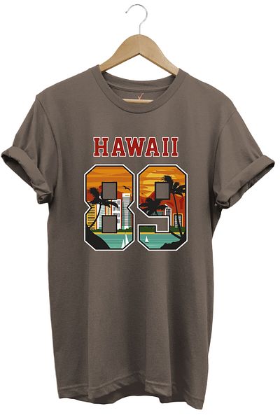 WİDİ Унисекс тениска с принт на залез с палми и платноходка Hawaii 89, 100% памучен крой