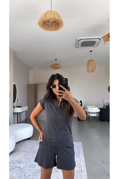 Buket Teke Dark Anthracite Shorts Polo Neck Tshirt Set