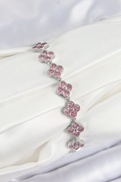 Clariss Brass Pink Zircon Stone Clover Model Silver Color Vip Series Women's Bracelet