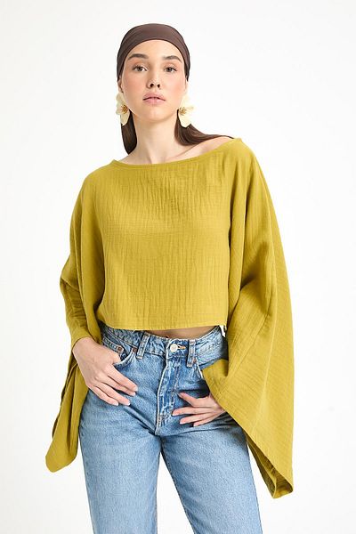 minaaise Oil Green Oversize Cut Muslin Blouse 29230