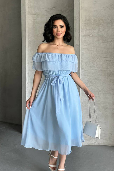 MILANOFOX Fırfırlı Madonna Yaka Şifon Uçuş Uçuş Dokuma Midi Elbise – Astarlı, Kuşaklı, Lastikli Bel, Yazlık