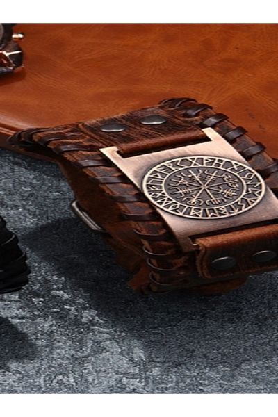 JustZEN Genuine leather bracelet with hieroglyphs and mystical compass, 27.5 cm, buckle closure
