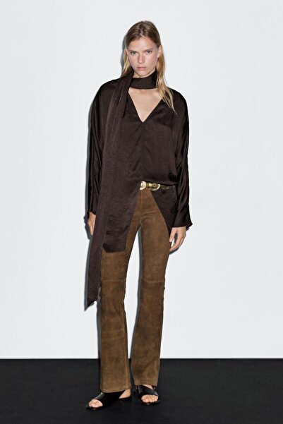 Massimo Dutti Yakası bağcıklı uzun dökümlü bluz